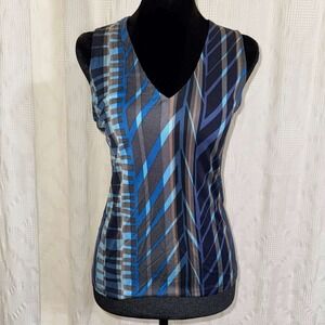DKNY 100% Silk Tank Top Blue Grey Geometric Abstract Print V-Neck Small Y2K Chic